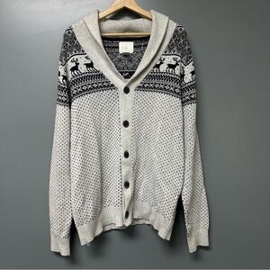 Aspen Mens Cardigan Large Gray Black Fair Isle Shawl Collar Reindeer Winter Dad